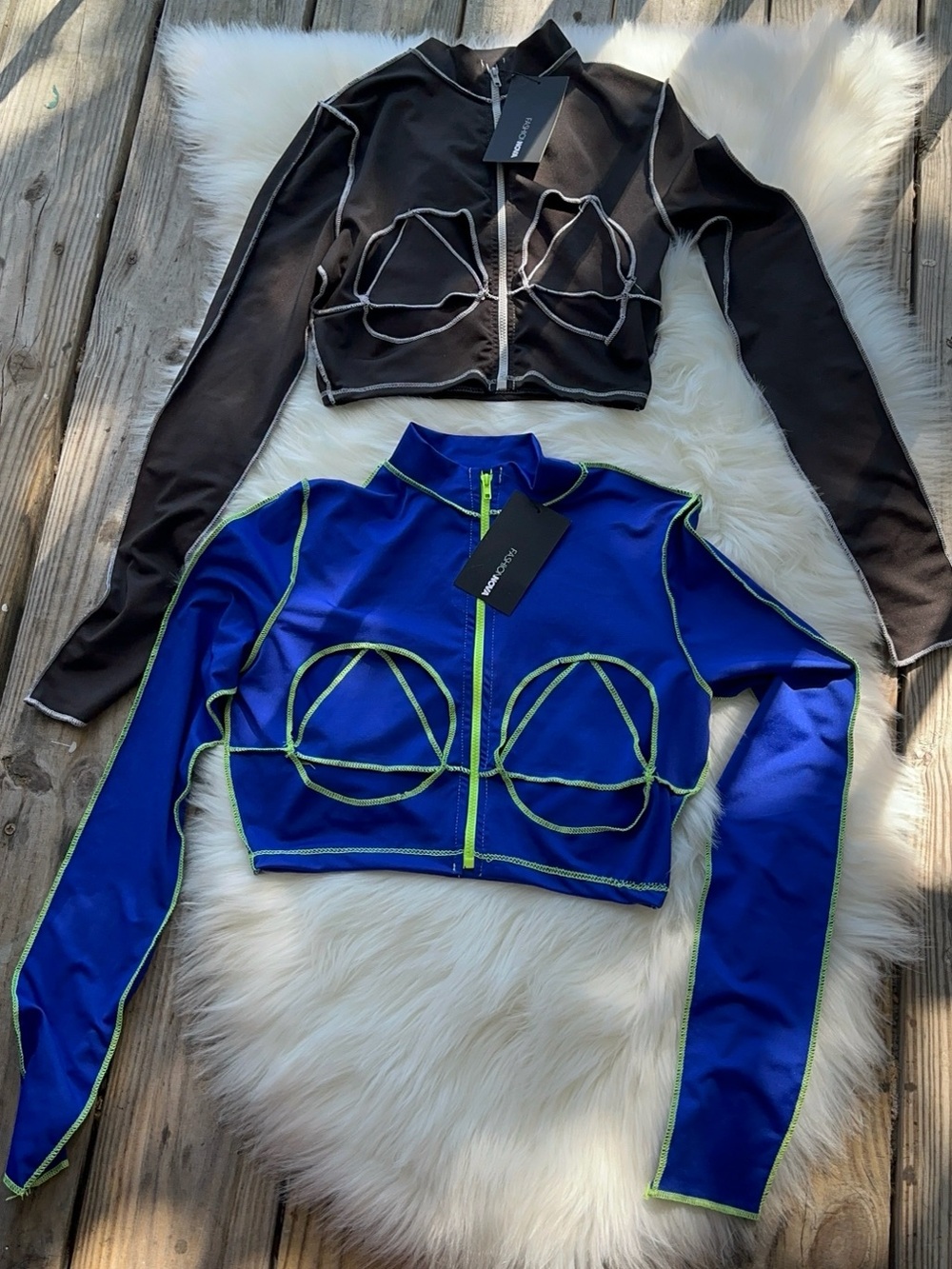 Fashion Nova Cropped Zip-Front Bomber Jacket - Royal Blue with Neon Green Trim